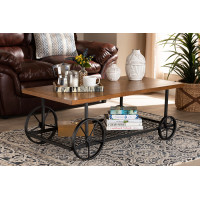 Baxton Studio TDA-7003-CT Ursa Vintage Rustic Industrial Walnut Brown Finished Wood and Black Finished Metal Wheeled Coffee Table